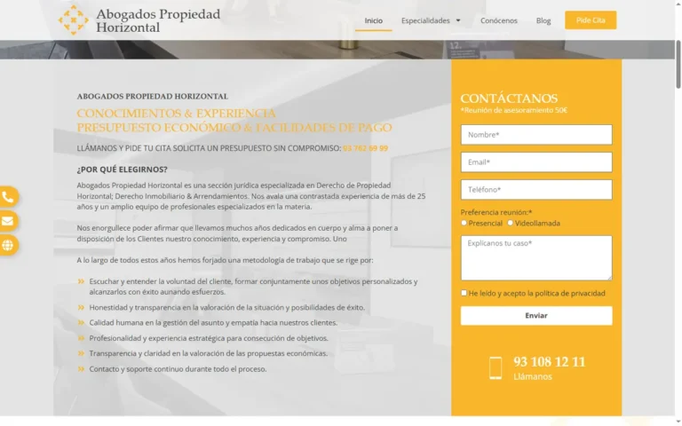 Pàgina d'inici de la web d'Abogados Propiedad Horizontal, advocats de comunitats a Barcelona