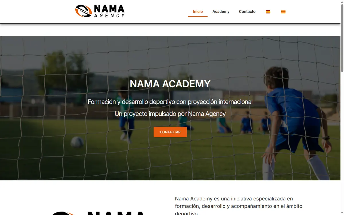 Página de inicio de la web de Nama Academy, academia de fútbol en Barcelona