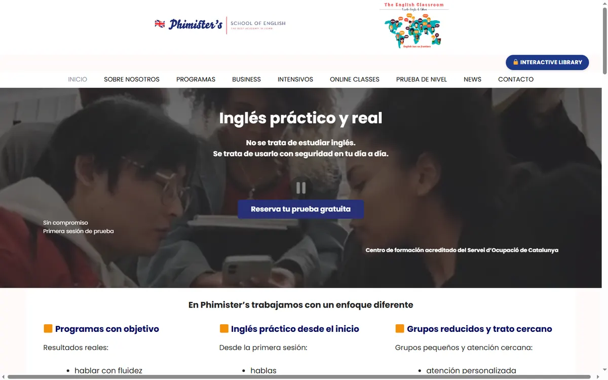 Pàgina d'inici de la web de Phimister's School of English, acadèmia d'anglès a Cabrera de Mar