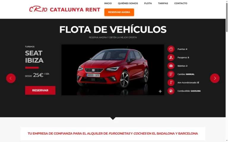 Pàgina d'inici de la web de Catalunya Rent, lloguer de furgonetes i cotxes a Badalona