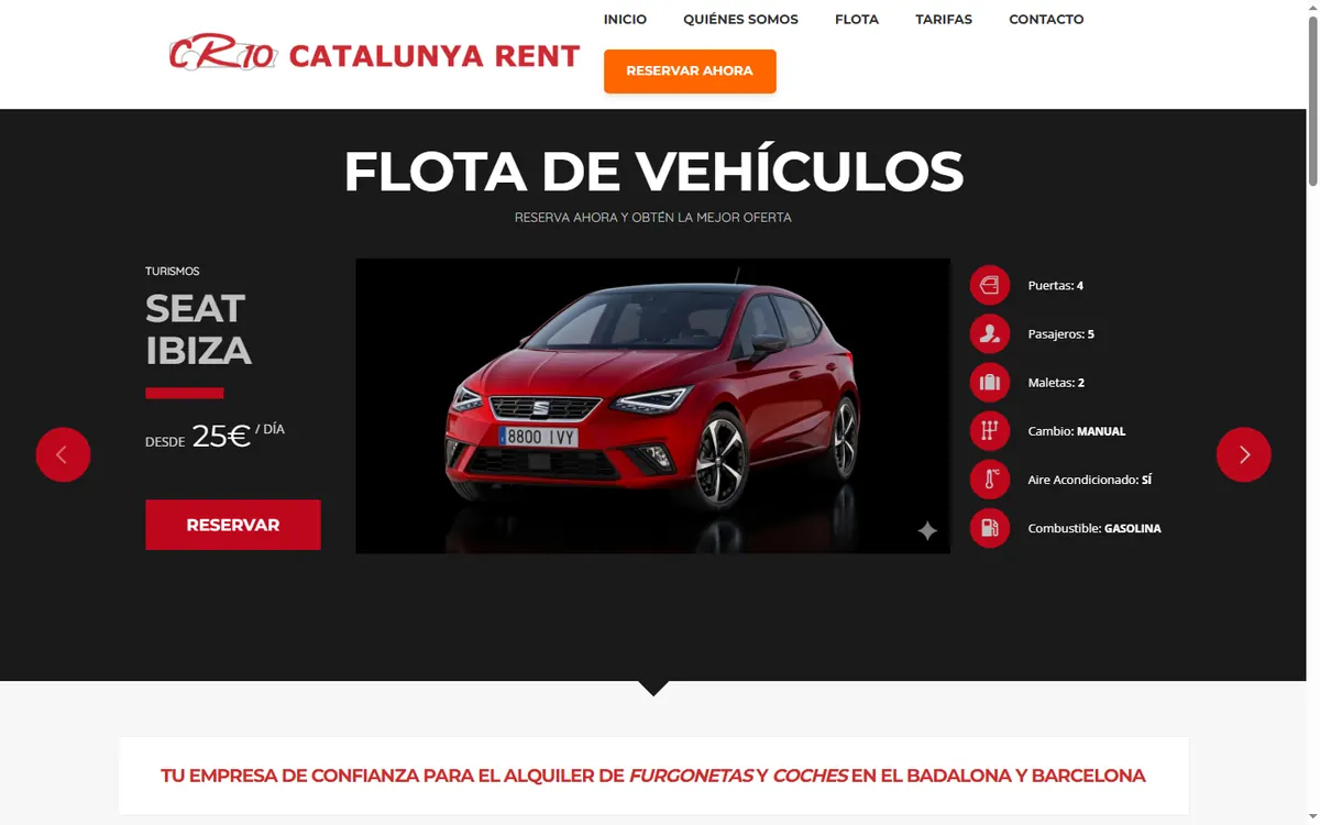 Pàgina d'inici de la web de Catalunya Rent, lloguer de furgonetes i cotxes a Badalona