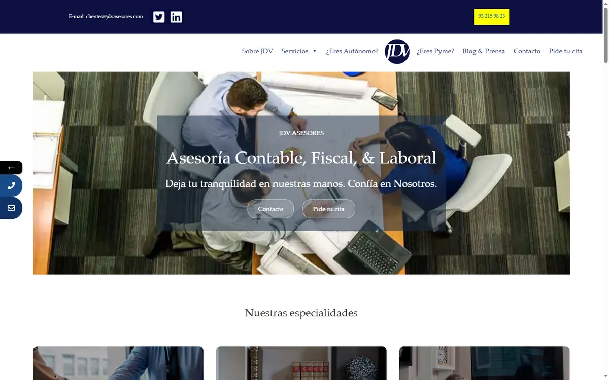 Página de inicio de la web de JDV Asesores, asesoría contable y fiscal en Barcelona