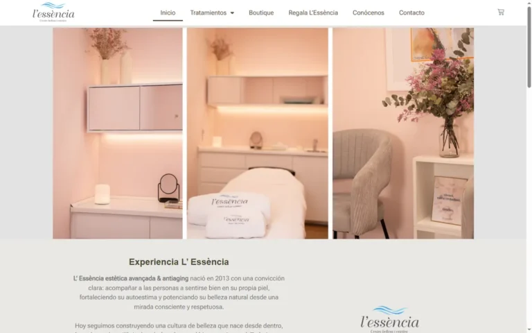 Pàgina d'inici de la web de L'Essència, centre d'estètica avançada a L'Hospitalet de Llobregat