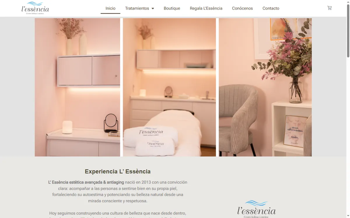 Pàgina d'inici de la web de L'Essència, centre d'estètica avançada a L'Hospitalet de Llobregat