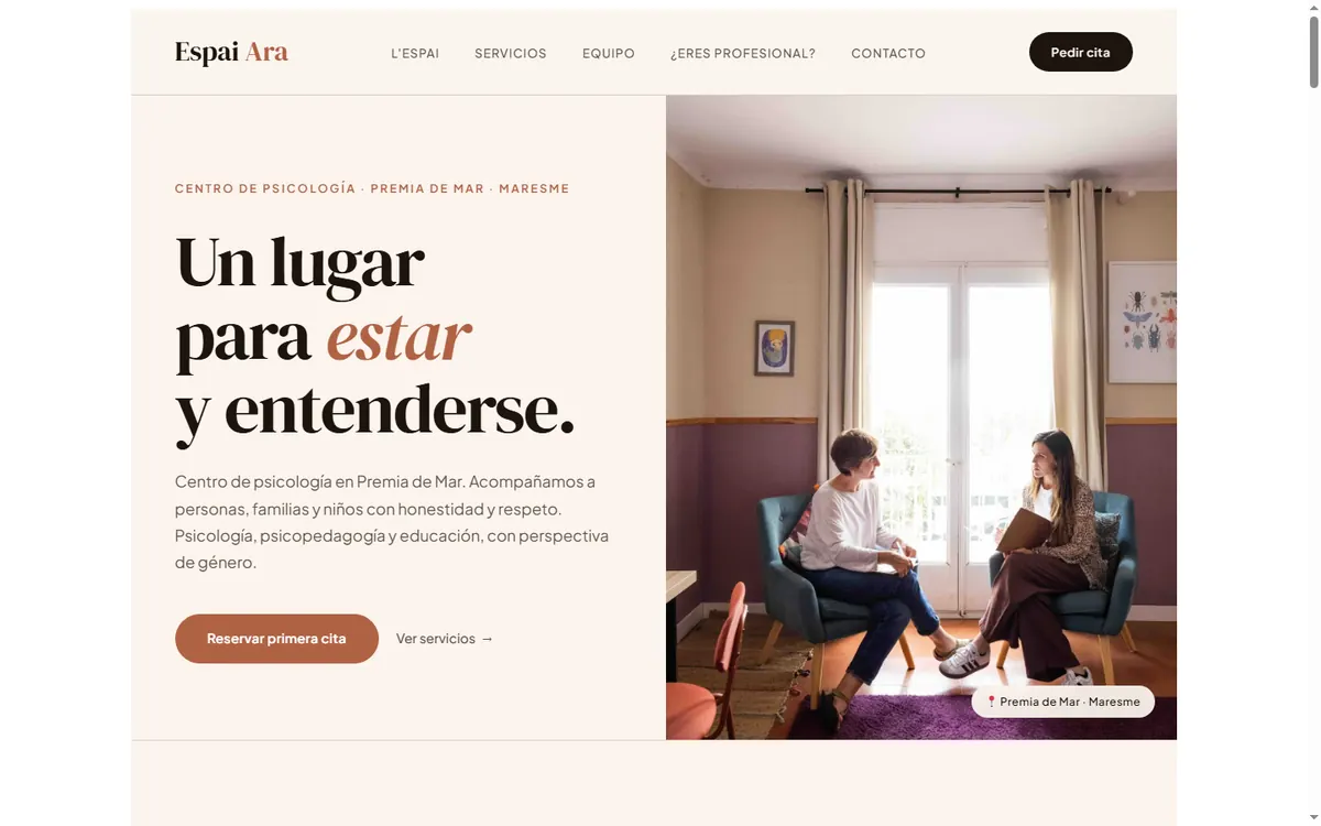 Pàgina d'inici de la web d'Espai Ara Psicologia, psicologia a Premià de Mar