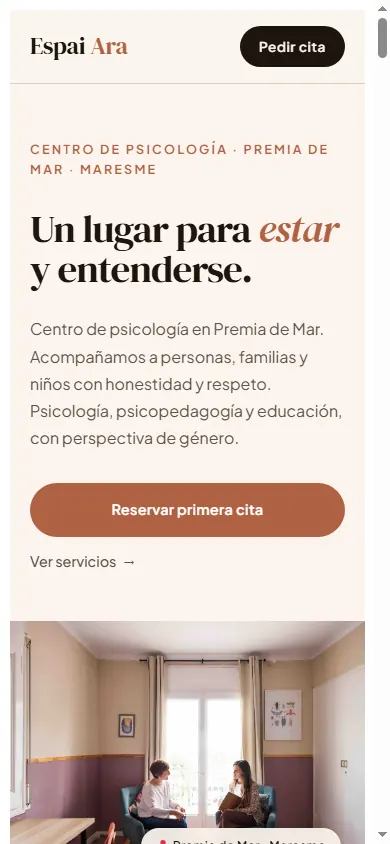 Versió mòbil de la web d'Espai Ara Psicologia, Premià de Mar