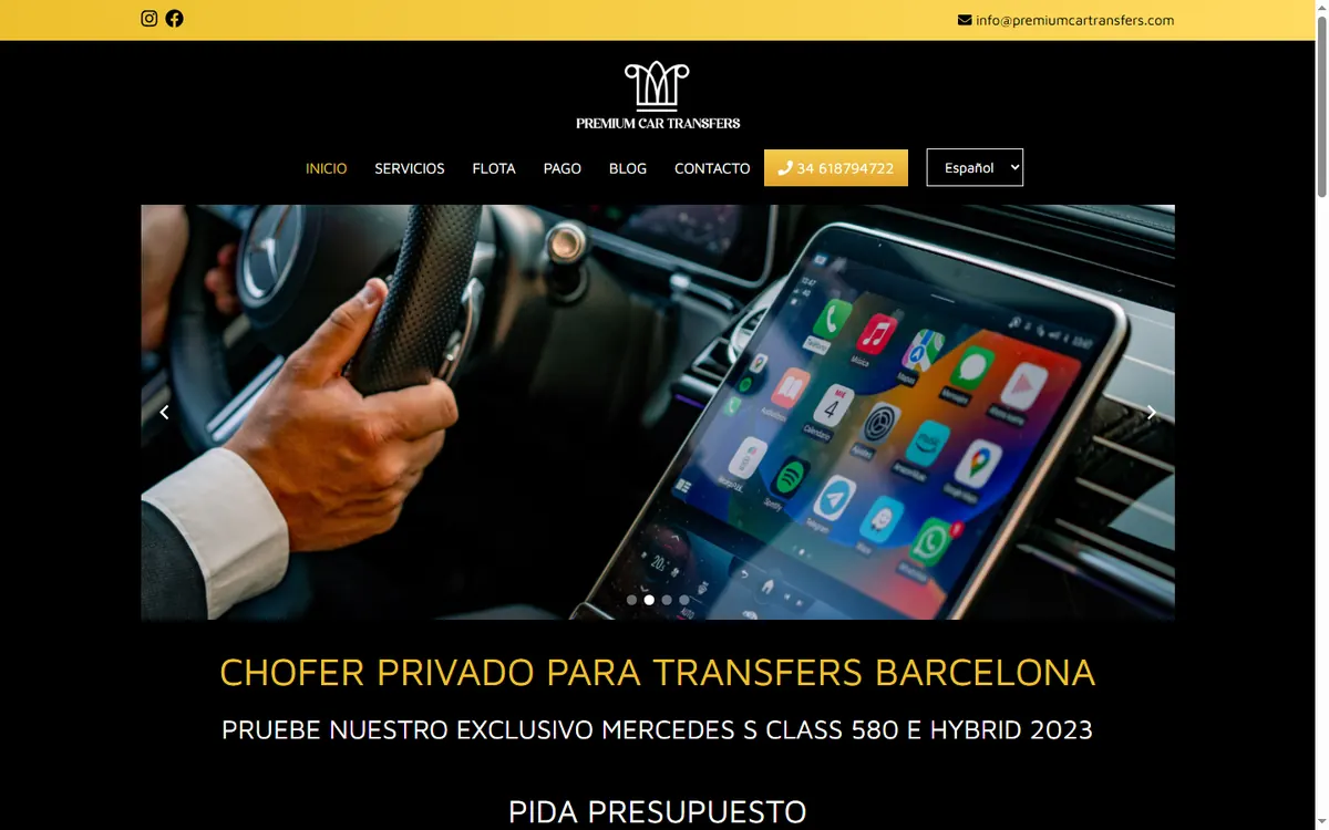 Pàgina d'inici de la web de Premium Car Transfers, xofer privat a Barcelona