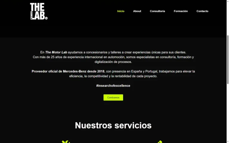 Pàgina d'inici de la web de The Motor Lab, consultoria d'automoció a Madrid
