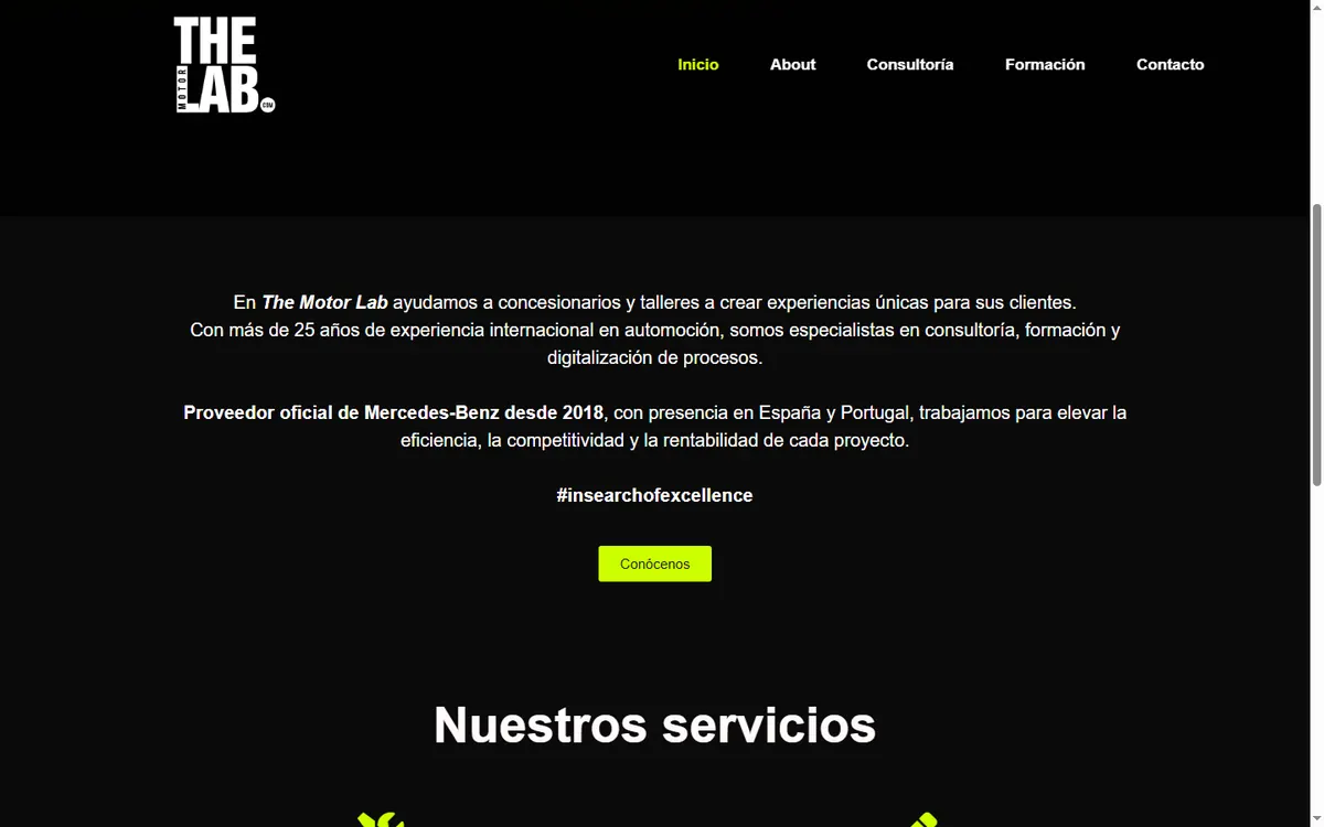 Pàgina d'inici de la web de The Motor Lab, consultoria d'automoció a Madrid