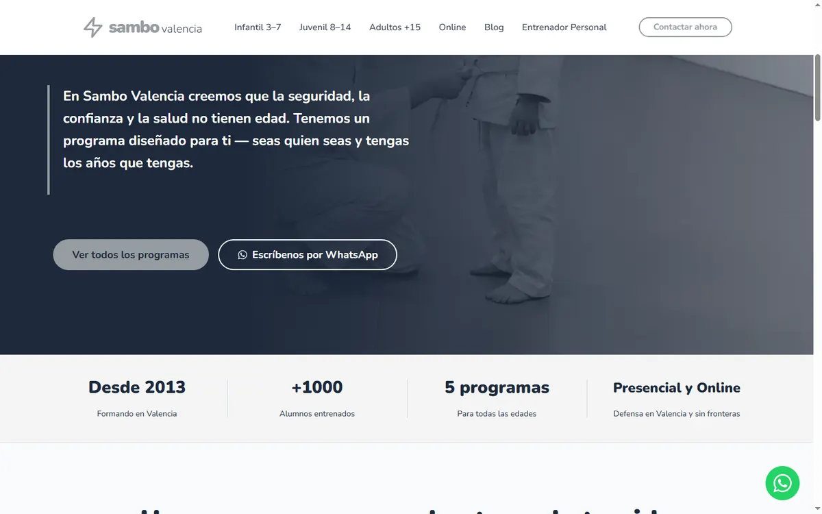 Pàgina d'inici de la web de Sambo Valencia, escola de defensa personal a València