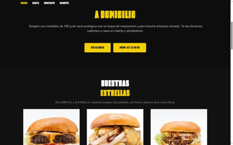 Pàgina d'inici de la web de Vakus Burger, hamburgueseria amb repartiment a domicili a Cabrils