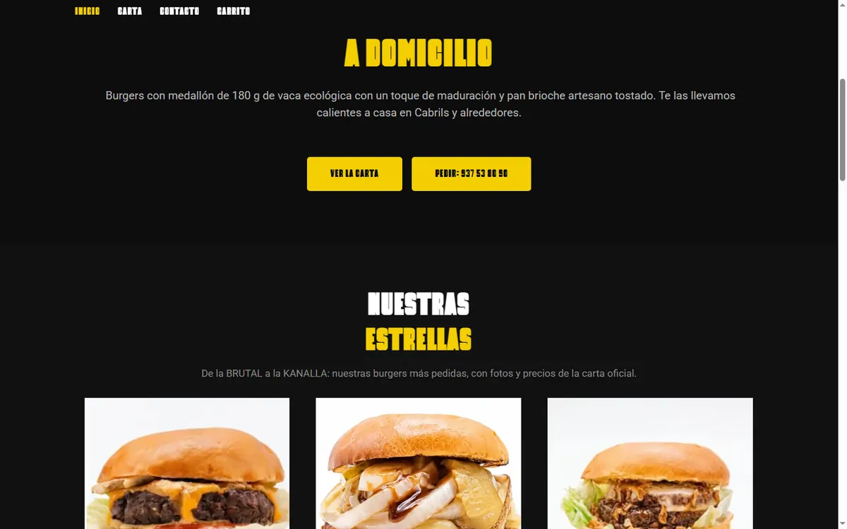 Pàgina d'inici de la web de Vakus Burger, hamburgueseria amb repartiment a domicili a Cabrils