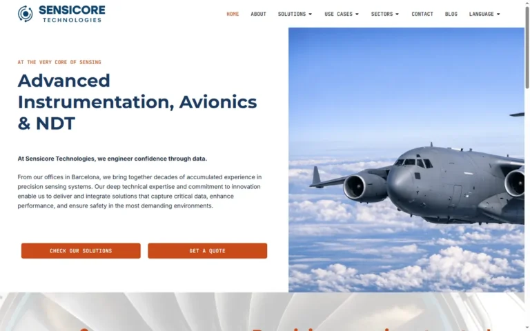 Pàgina d'inici de la web de Sensicore Technologies, enginyeria d'instrumentació a Barcelona