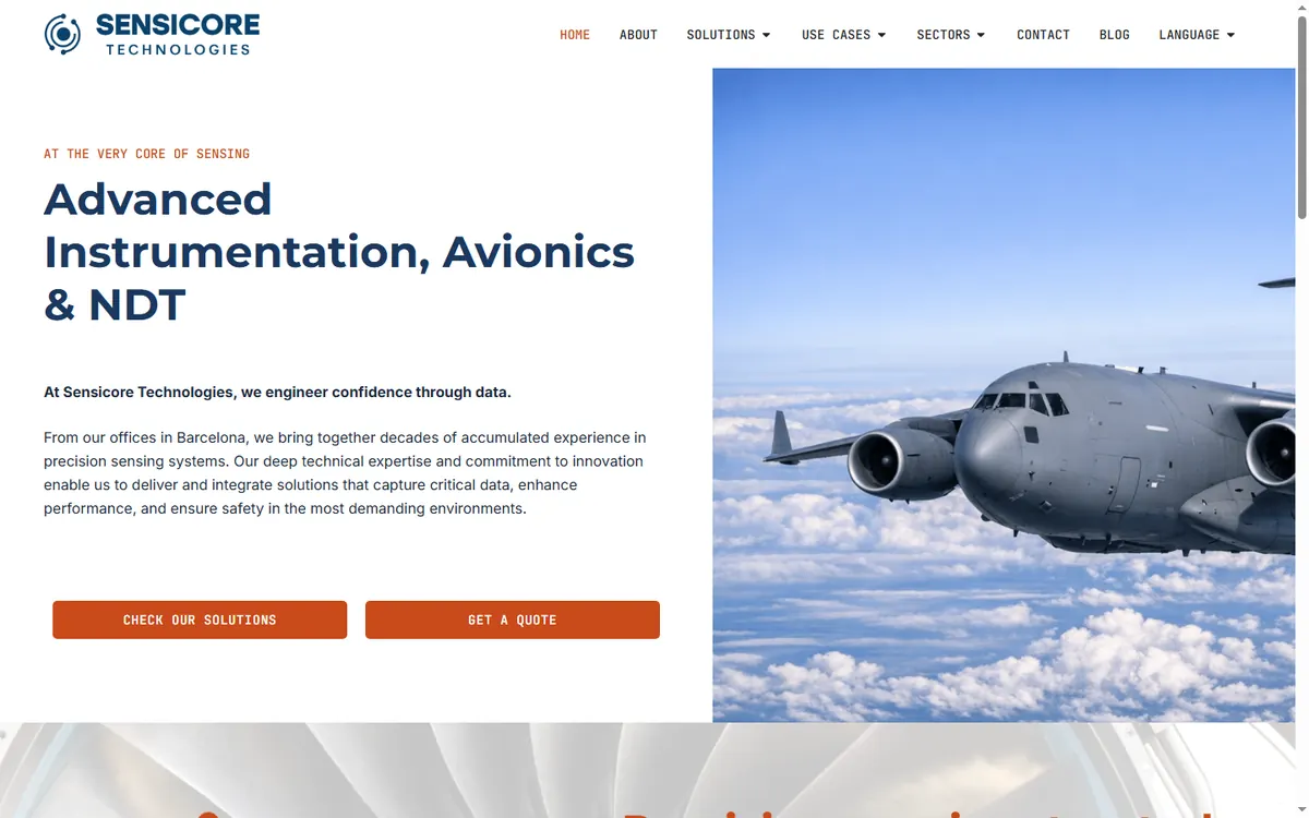 Página de inicio de la web de Sensicore Technologies, ingeniería de instrumentación en Barcelona