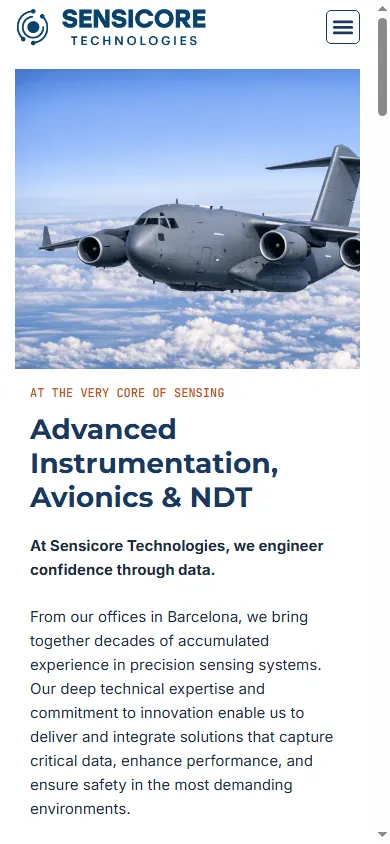 Versión móvil de la web de Sensicore Technologies, Barcelona