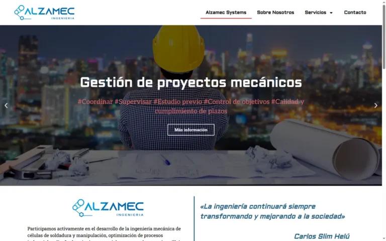 Pàgina d'inici de la web d'Alzamec, enginyeria mecànica a Saragossa