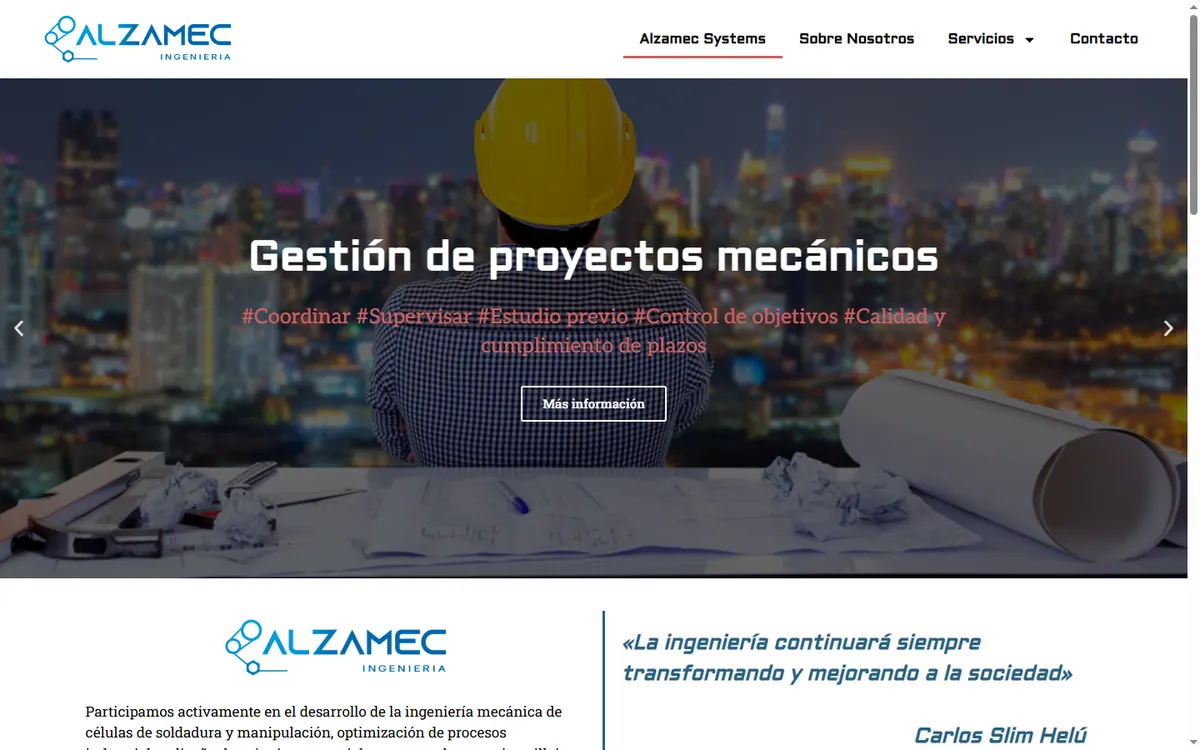 Pàgina d'inici de la web d'Alzamec, enginyeria mecànica a Saragossa