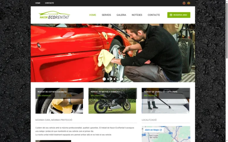 Pàgina d'inici de la web de Nacor Ecorentat, rentat de cotxes a domicili a Barcelona