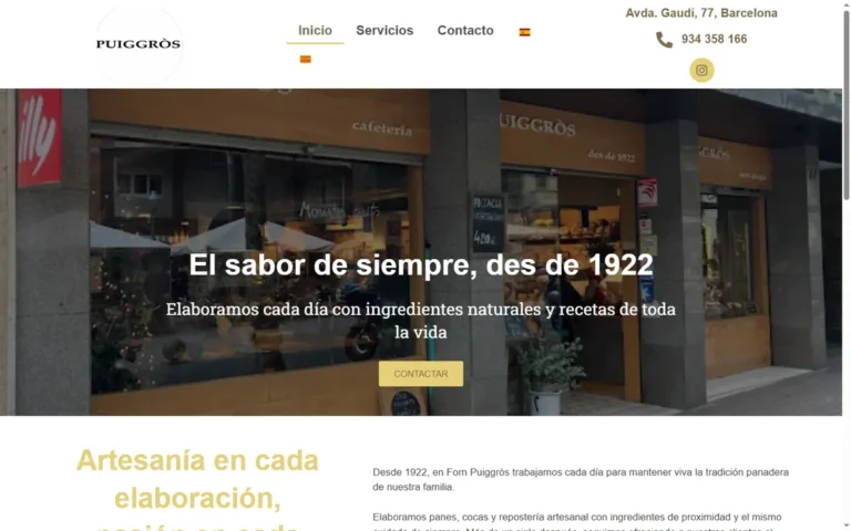Pàgina d'inici de la web de Forn Puiggròs, forn de pa artesà a Barcelona