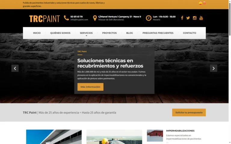 Pàgina d'inici de la web de TRC Paint, paviments industrials a Vilassar de Dalt