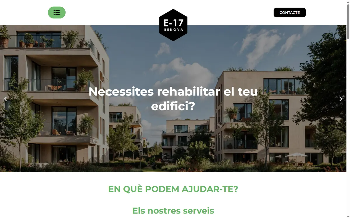 Pàgina d'inici de la web d'E-17 Renova, rehabilitació d'edificis a Premià de Mar