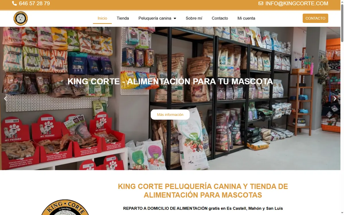 Página de inicio de la web de King Corte, tienda de mascotas en Menorca