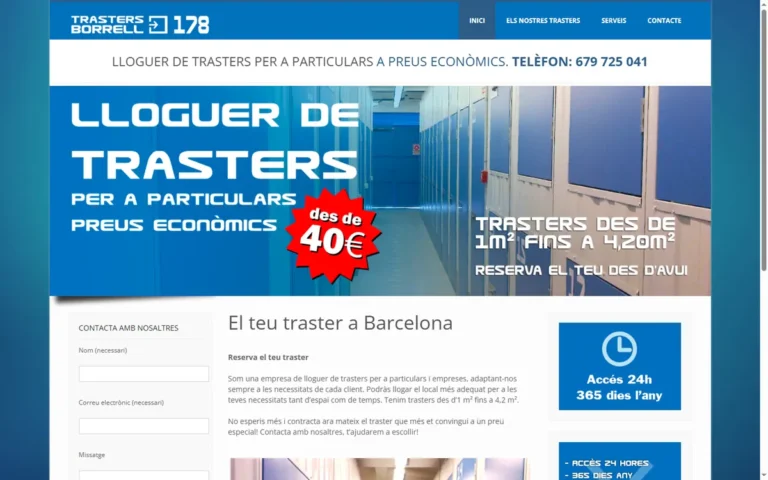 Pàgina d'inici de la web de Trasters Borrell 178, trasters a Barcelona