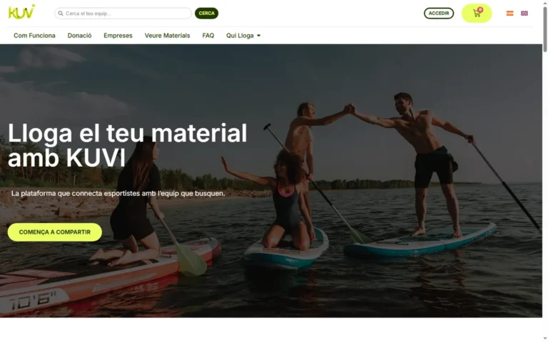 Pàgina d'inici de la web de Kuvi, lloguer de material esportiu a Barcelona