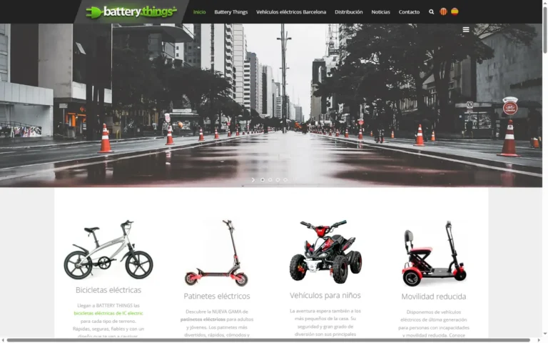 Pàgina d'inici de la web de Battery Things, botiga de vehicles elèctrics a Mataró