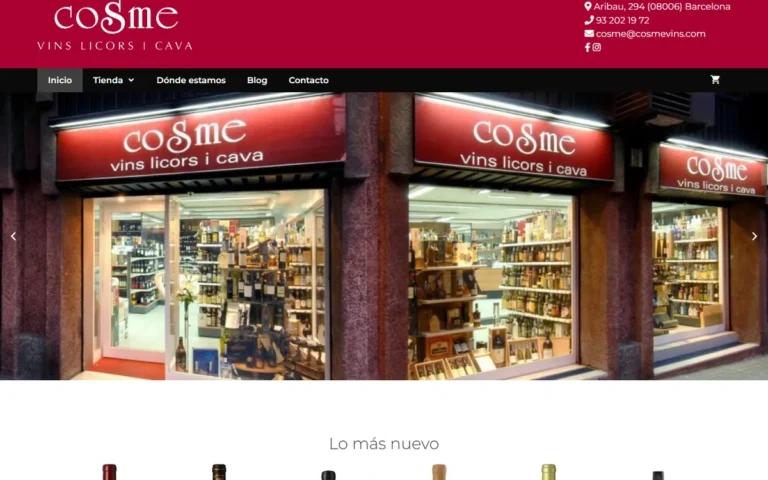 Pàgina d'inici de la web de Cosme Vins, botiga online de vins a Barcelona